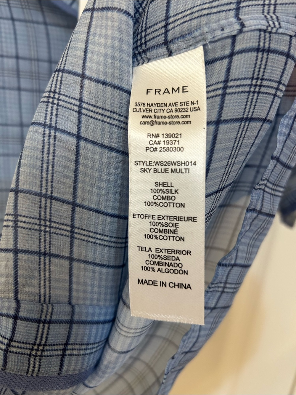 FRAME The Silk Plaid Shirt in Sky Blue Multi Size M - Picture 8 of 8